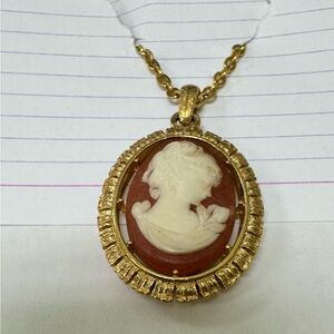 Vintage 1974 Gold tone and Cream reversible Cameo Pendant Necklace